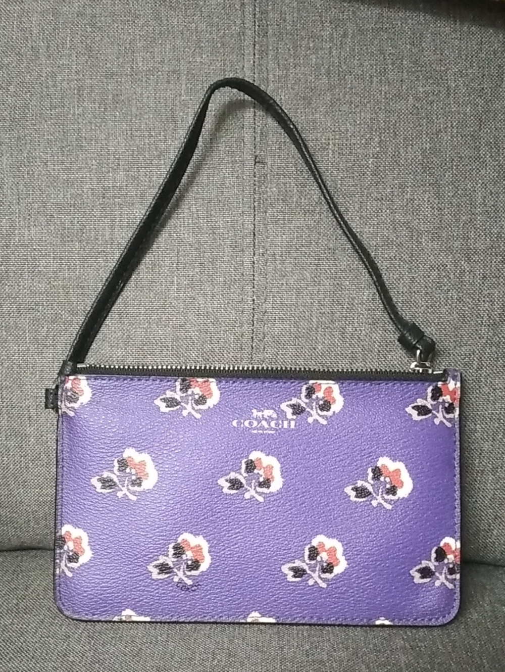 Coach Purple Floral Wristlet with Black Strap